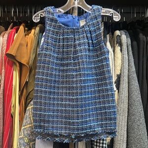 Zara vintage Blue Plaid Tweed Sleeveless Dress/Jumper wFringe Hem Pockets 2-3